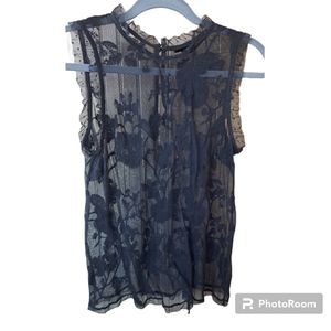 WHO WHAT WEAR Sheer Tull Lace Black Embroidered Sleeveless Blouse Sz S
